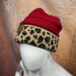 NWT C.C Women's Beanie in Red with Leopard Print Band